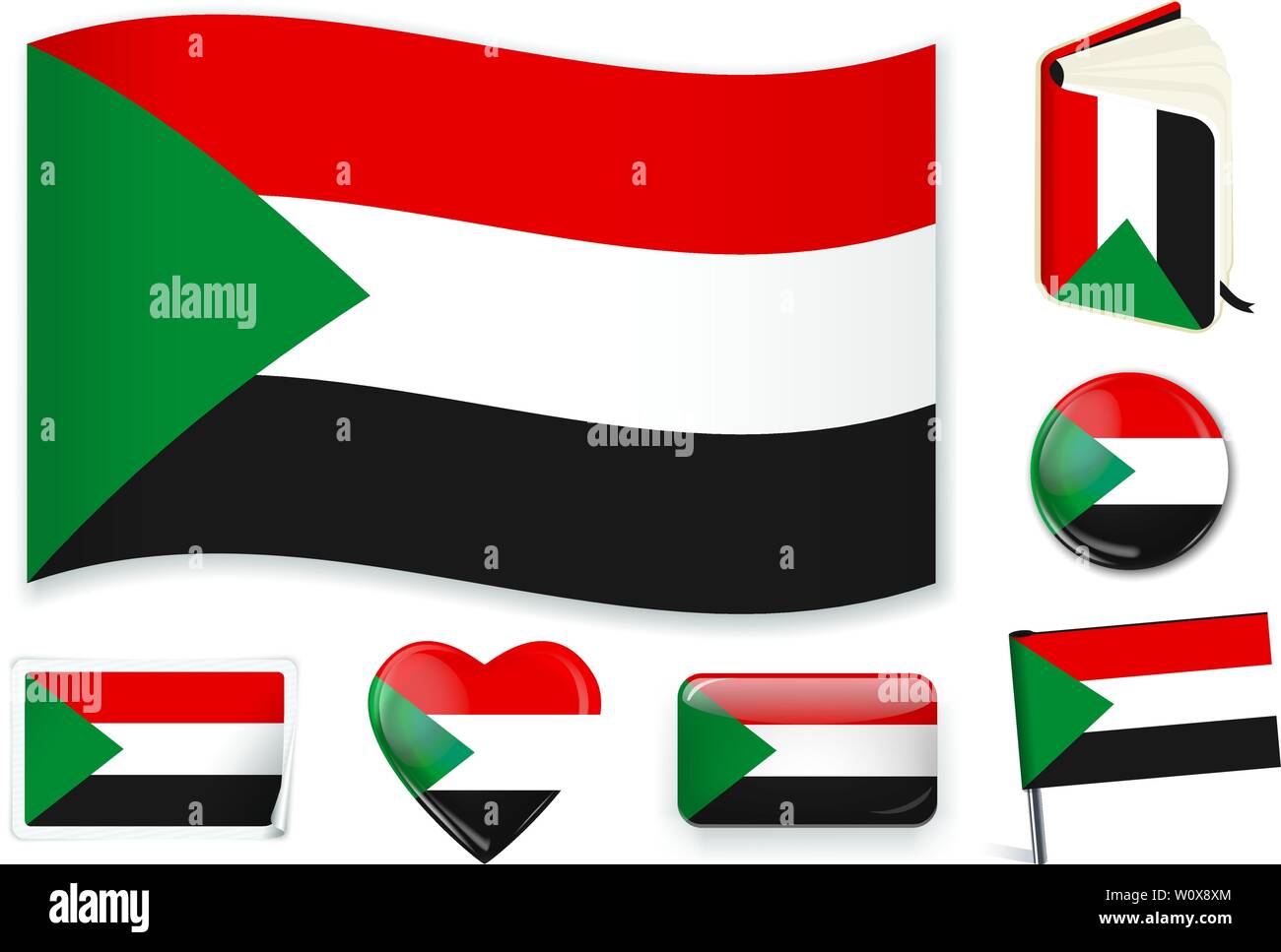 Sudanese national flag. Vector illustration. 3 layers. Shadows, flat flag, lights and shadows. Collection of 220 world flags. Accurate colors. Easy changes. Stock Vector