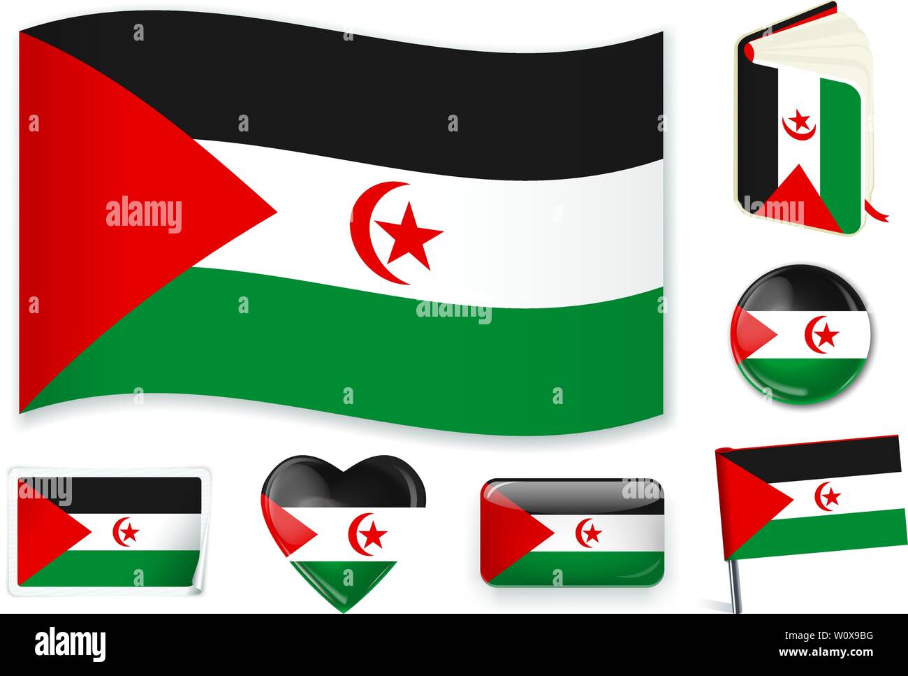 Western Saharian national flag. Vector illustration. 3 layers. Shadows, flat flag, lights and shadows. Collection of 220 world flags. Accurate colors. Easy changes. Stock Vector