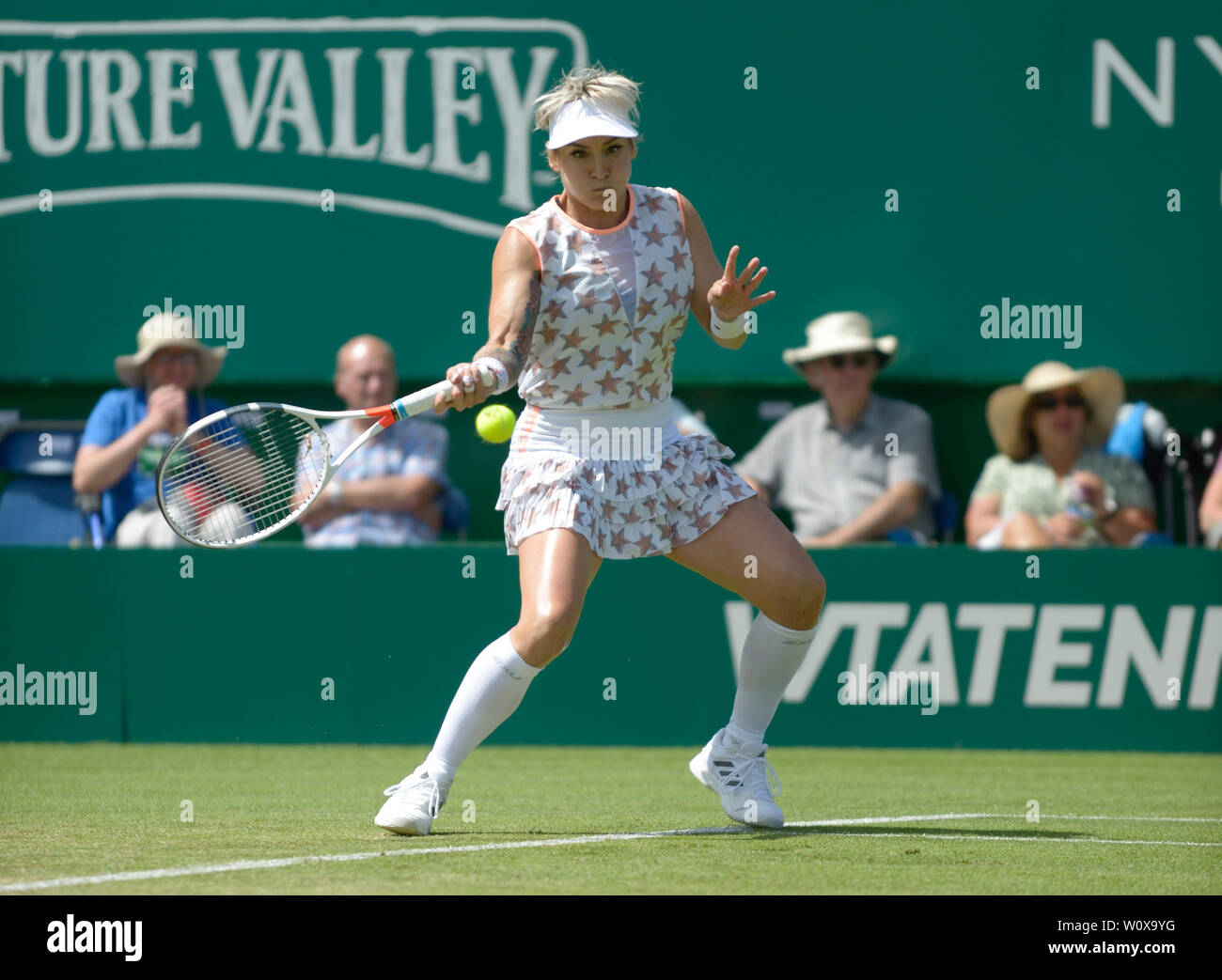 Bethanie Mattek-Sands (USA) playing in the semi final of the ladies doubles at the Nature Valley International tennis at Devonshire Park, Eastbourne, UK. 28th June, 2019. Stock Photo
