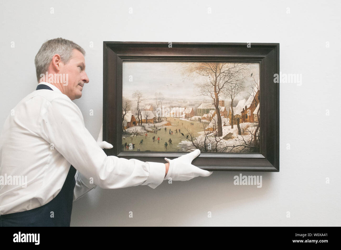 London UK. 28th June 2019. Painting: Winter Landscape with a bird trap by Pieter Brueghel the Younger, Estimate: £1.5-2million at the press preview of Sotheby's Old Master Sales which   British landscape paintings by  Gainsborough,Turner and  Constable, and major Renaissance and Baroque Works by  Botticelli,  Brueghel, Rubens, Liss & Wtewael and newly-discovered works by Diego Velázquez and Rosso Fiorentino.  Credit: amer ghazzal/Alamy Live News Stock Photo