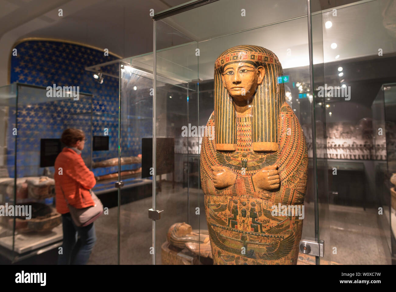 View of an Egyptian 21st Dynasty mummy sarcophagus discovered in 1891 at the Deir-El-Bahri site, near Luxor. Oslo Historical Museum, Norway. Stock Photo