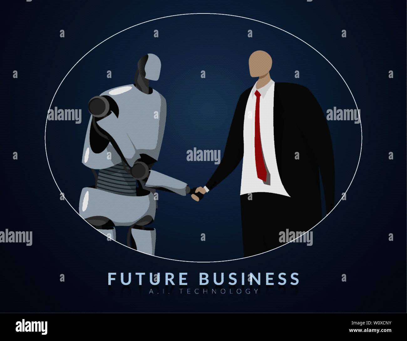 human and AI working together , future business , technology and innovation concept. AI or artificial intelligence shaking hand for cooperation in bus Stock Vector