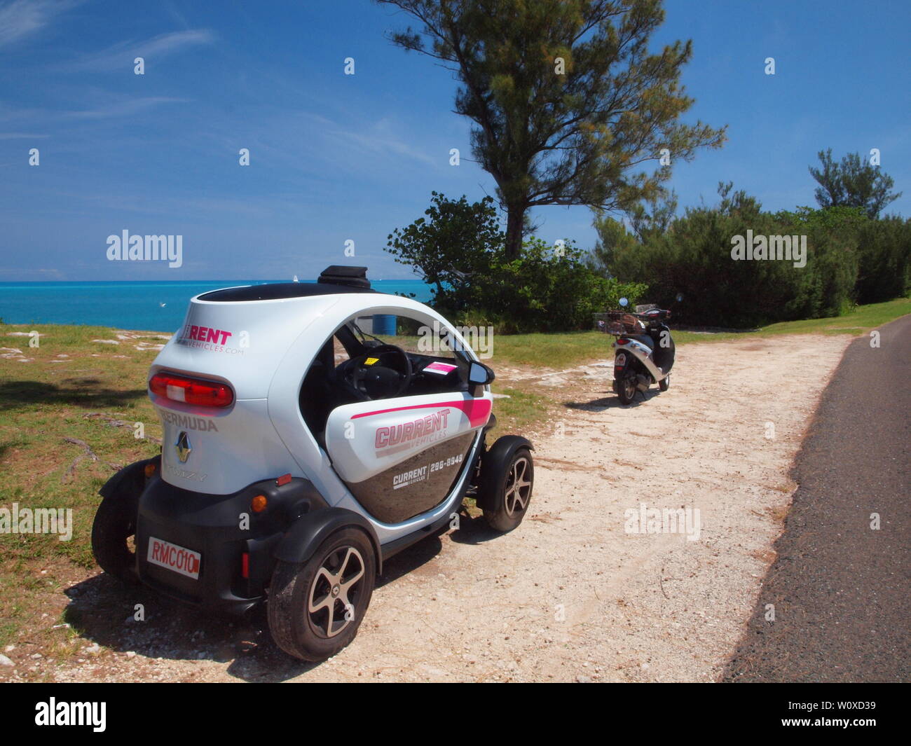The latest tourist travel adventure in Bermuda. The Renault Twizy, an all electric vehicle that allows freedom and independence to tour safely. Stock Photo