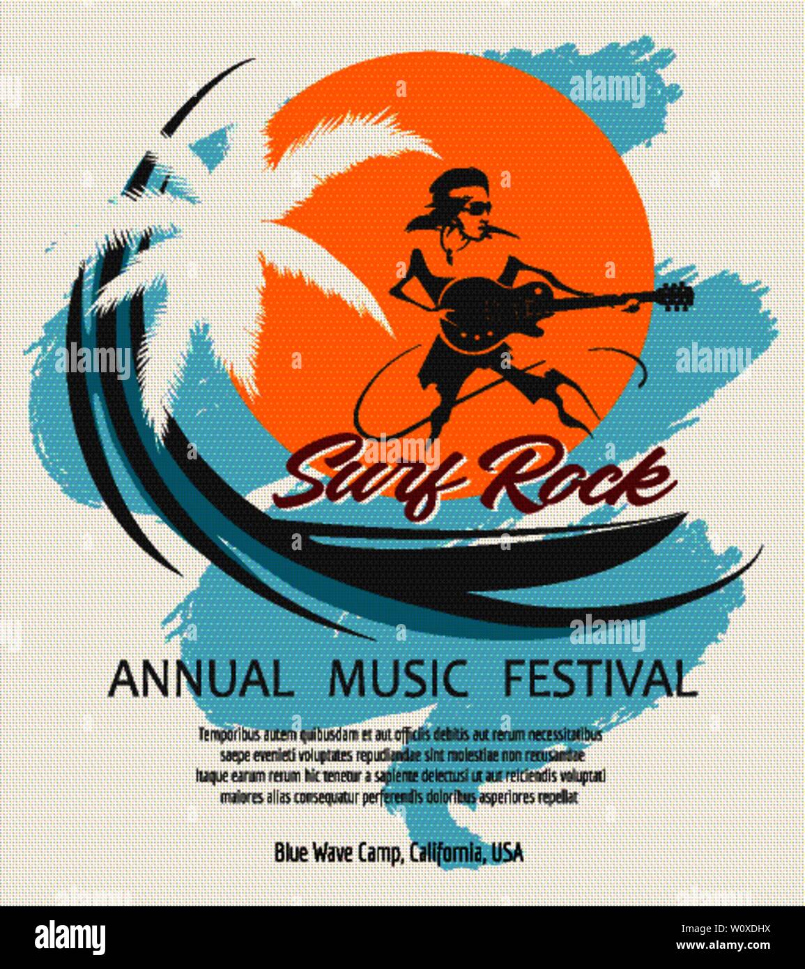 Rock music retro poster. Guitar player on a surfing board with place for event information. Vector illustration. Stock Vector