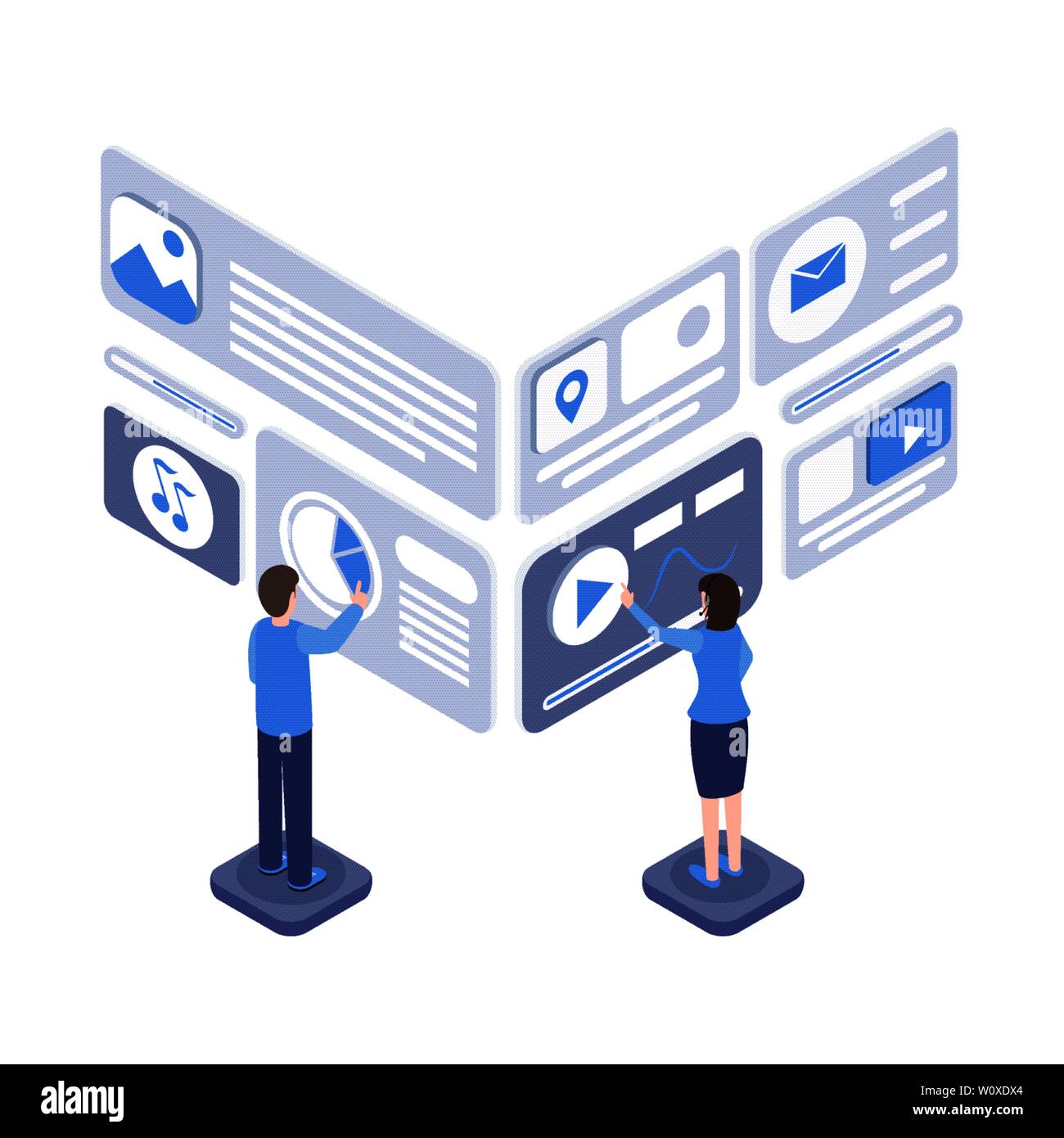 Software testing vector isometric illustration. Programmers creating mobile application interface, developers, analysts coworking 3d cartoon characters. SEO, digital marketing isolated clipart Stock Vector