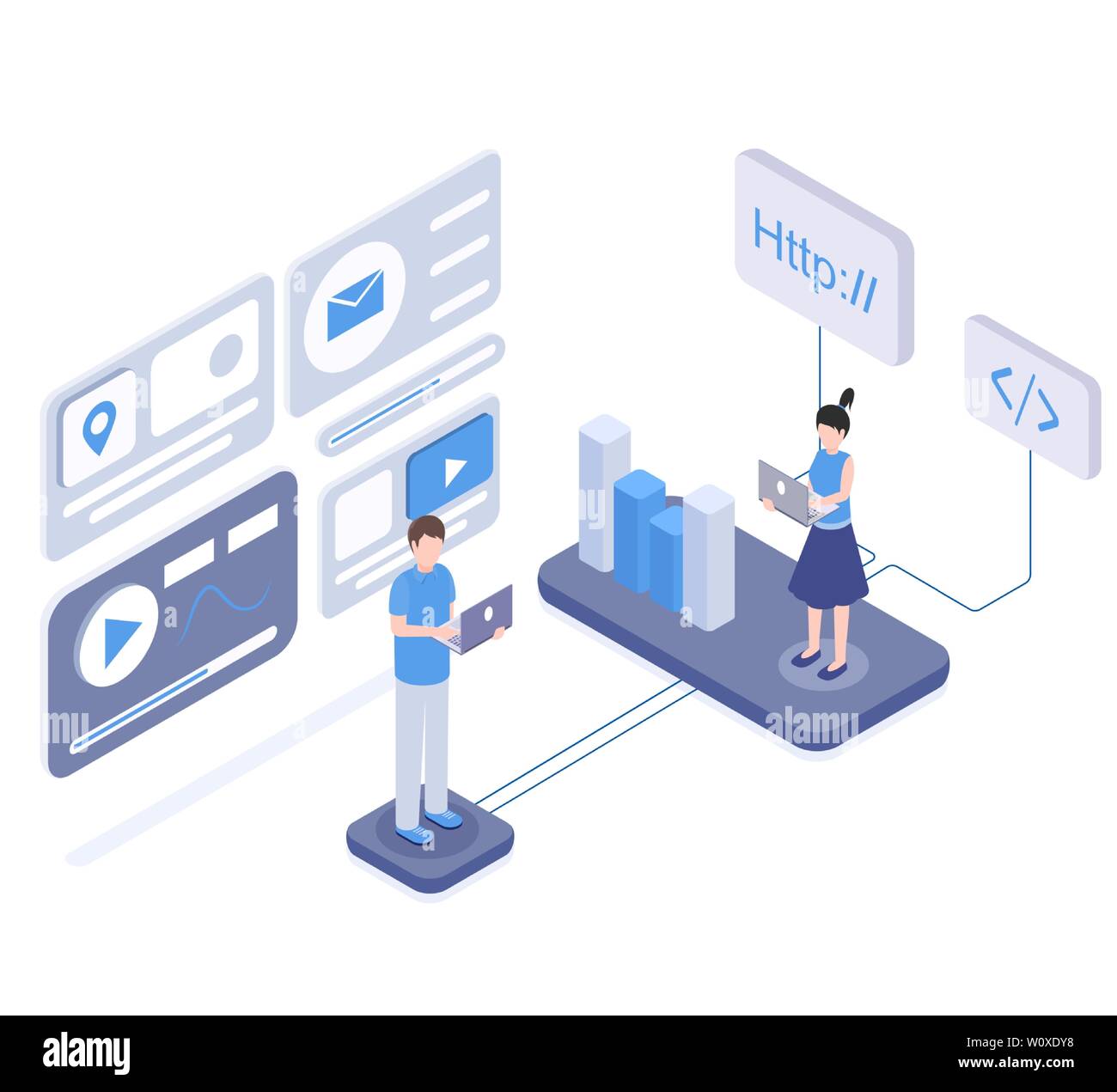 Software coding and testing isometric illustration. SEO, digital marketing research, analytics, mobile app development. Developer programming website, marketer analyzing diagram 3d characters Stock Vector