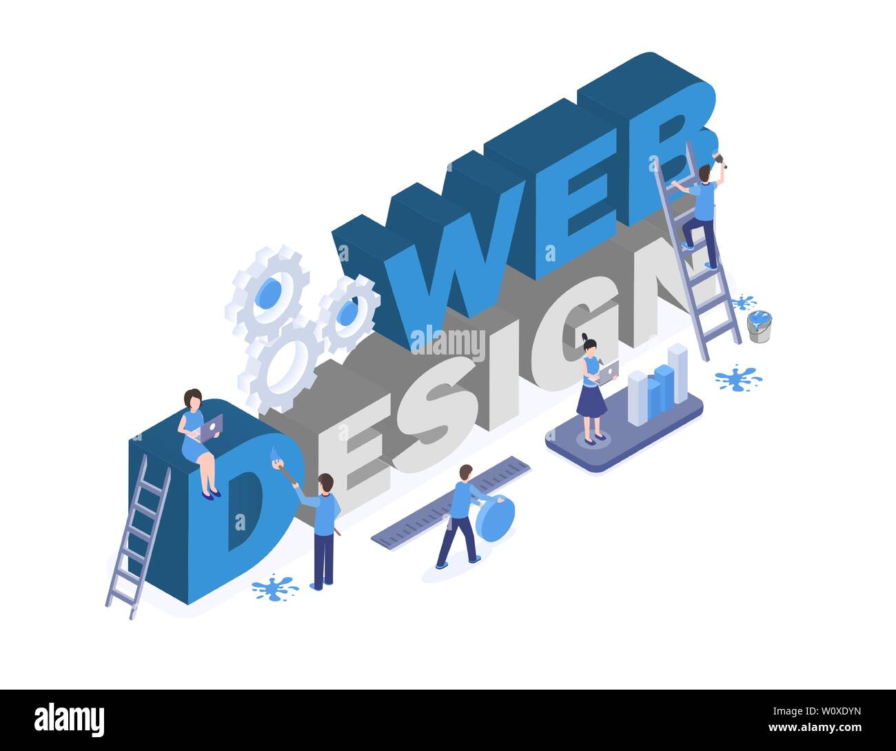 Web design banner vector template. Graphic and digital design studio workers teamworking, searching creative solutions 3d characters. Mobile app interface development, market analysis illustration Stock Vector