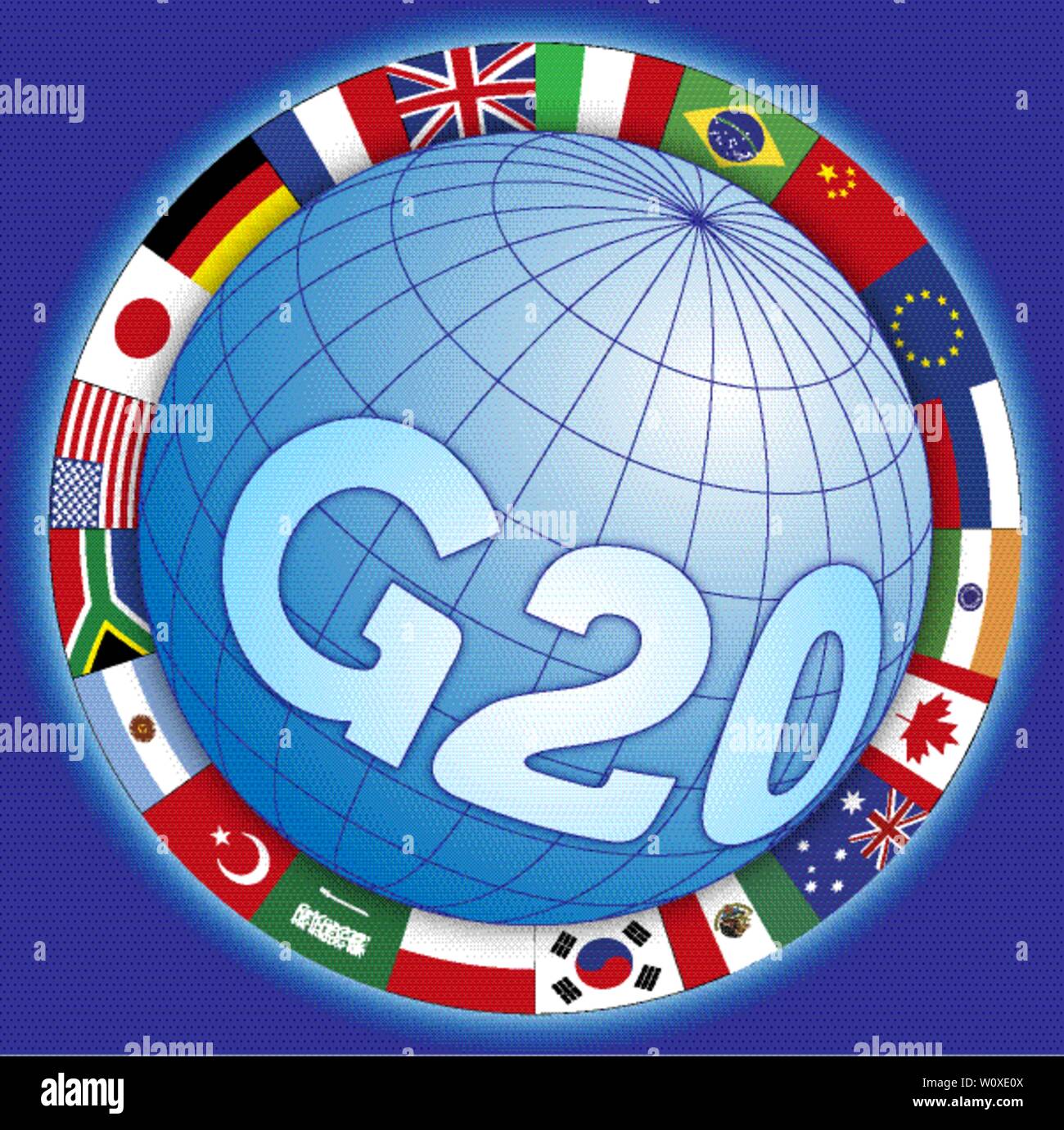 G20 global summit of industrialized countries, global symbol with flags, vector illustration