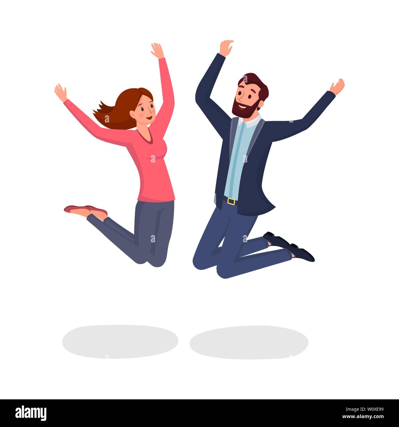 Jumping colleagues flat vector illustration. Two friends, man and woman leaping in excitement and joy cartoon characters. Cheerful youth, jump laughing with raised hands isolated on white background Stock Vector