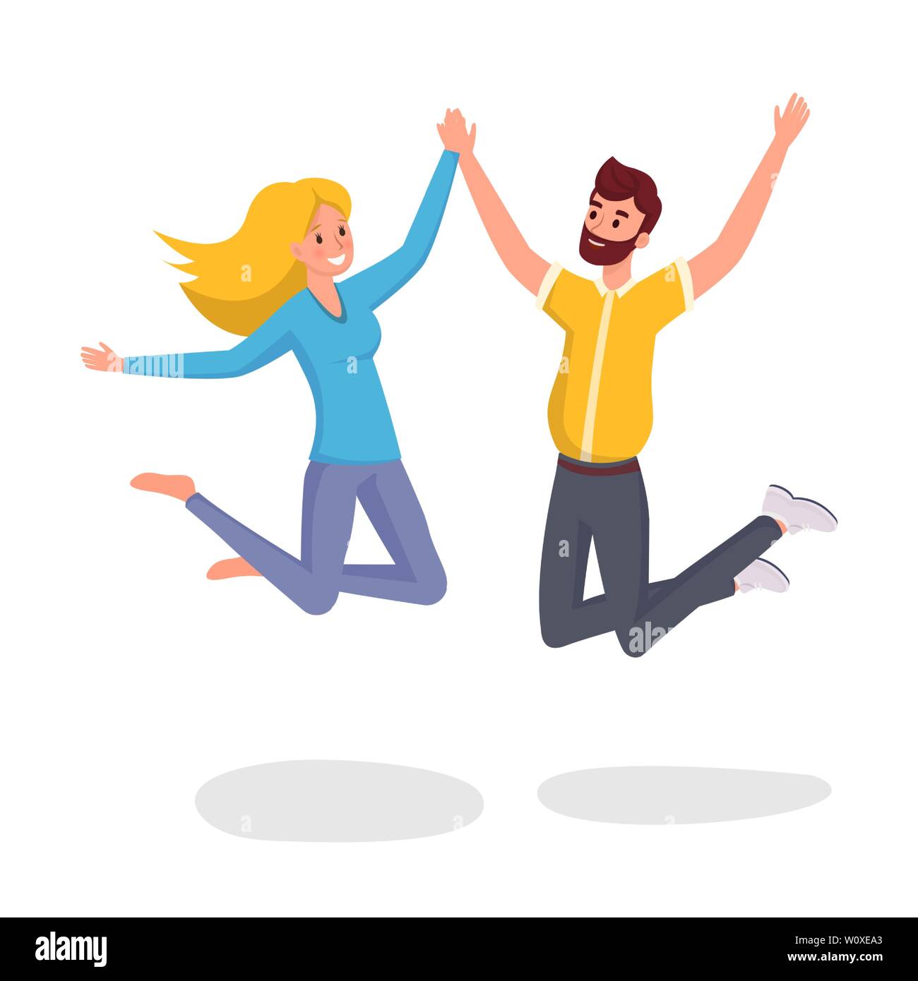 Jumping friends flat vector illustration. Happy husband and wife, students in casual clothes cartoon characters. Fun and friendship, boyfriend and girlfriend isolated on white background Stock Vector