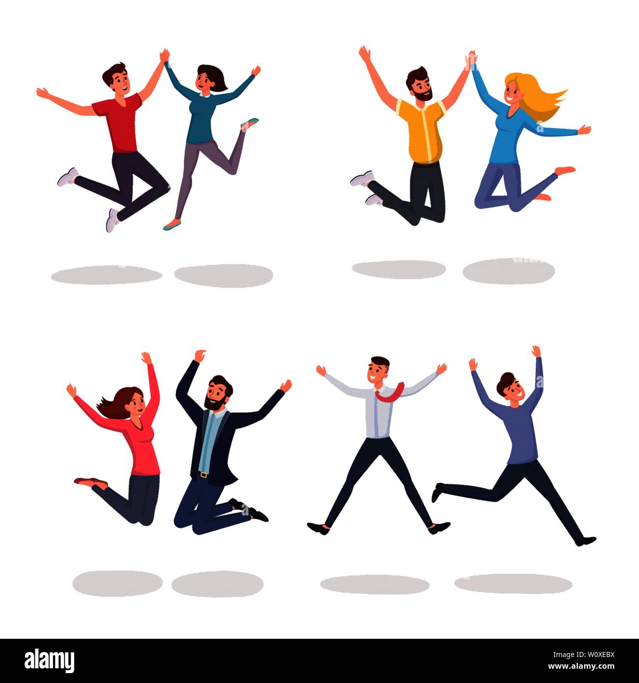 Jumping people flat vector illustrations set. Smiling students, colleagues, couple, friends leaping in excitement cartoon characters. Celebrating success, winning isolated on white background Stock Vector