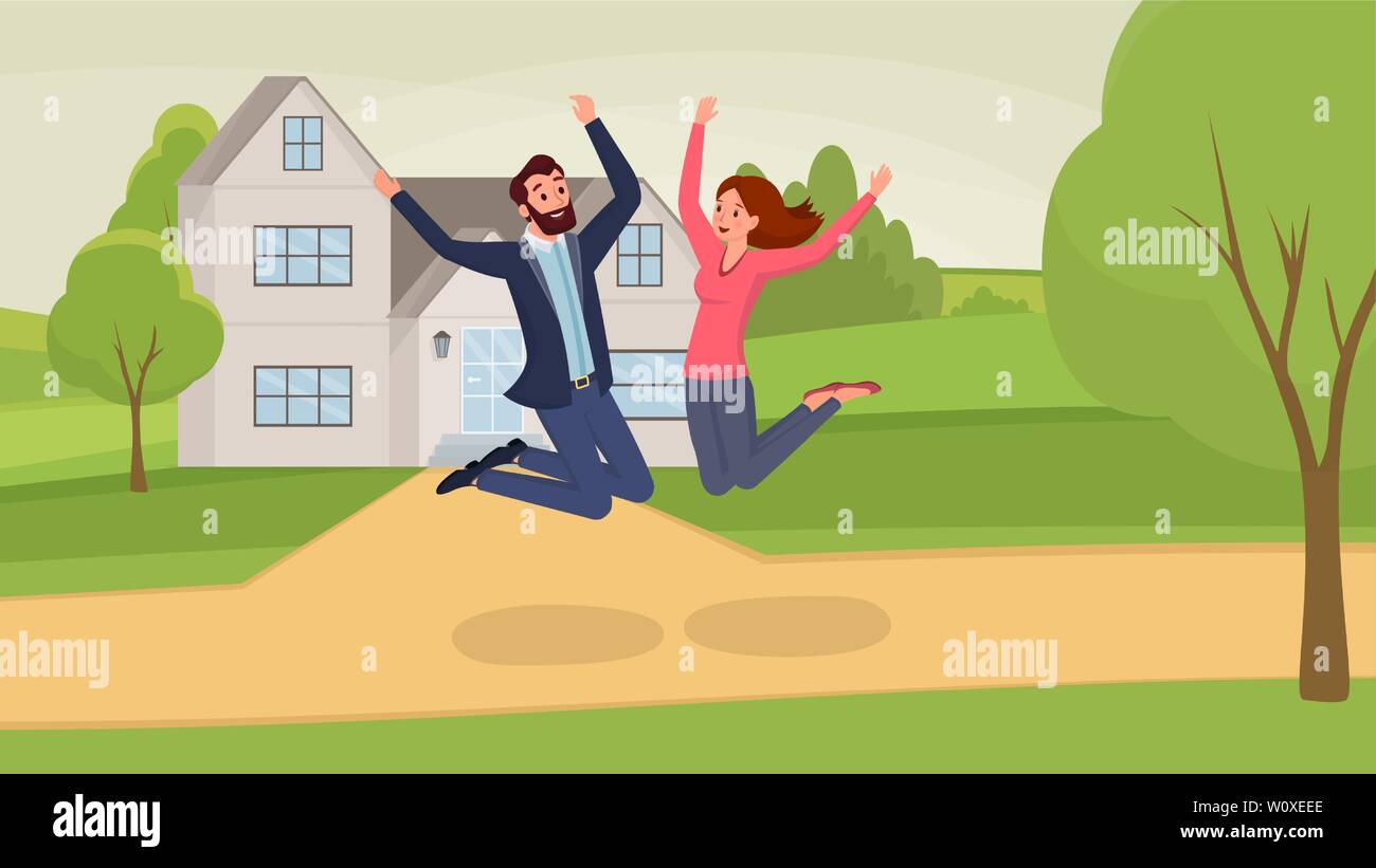Jumping couple flat vector illustration. Man and woman cartoon characters having fun, celebrating moving into new home. Satisfied wife and husband jumping near house among trees, real estate Stock Vector