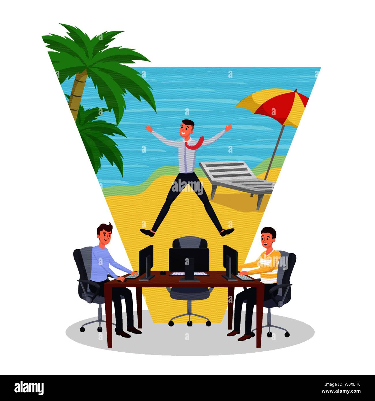 Dreaming about vacation flat vector illustration. Employees working while other worker on vacation cartoon characters. Man working and thinking about holidays on beach, office managers at workplace Stock Vector