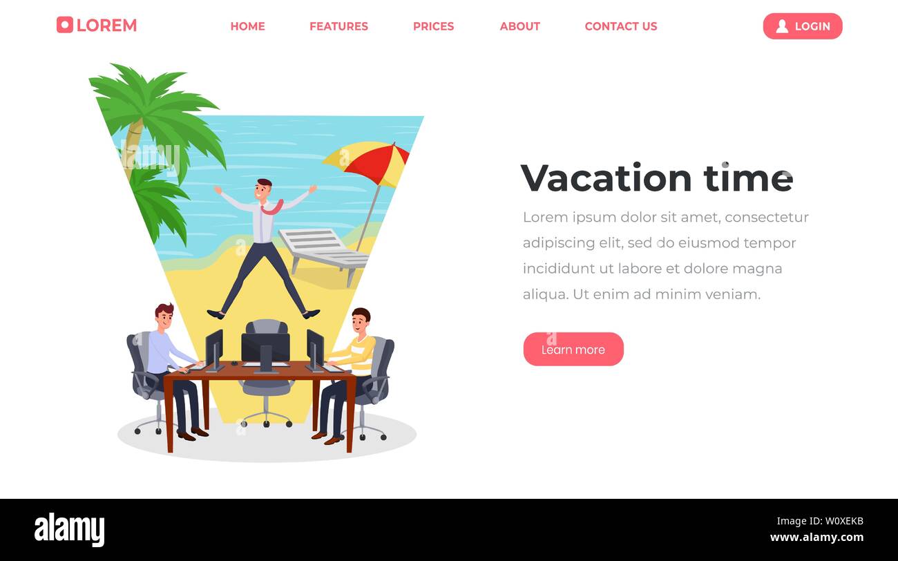 Vacation time flat landing page vector template. Office worker dreaming of tropical beach holiday website, webpage. Young men working on laptop, programmers, project managers cartoon characters Stock Vector