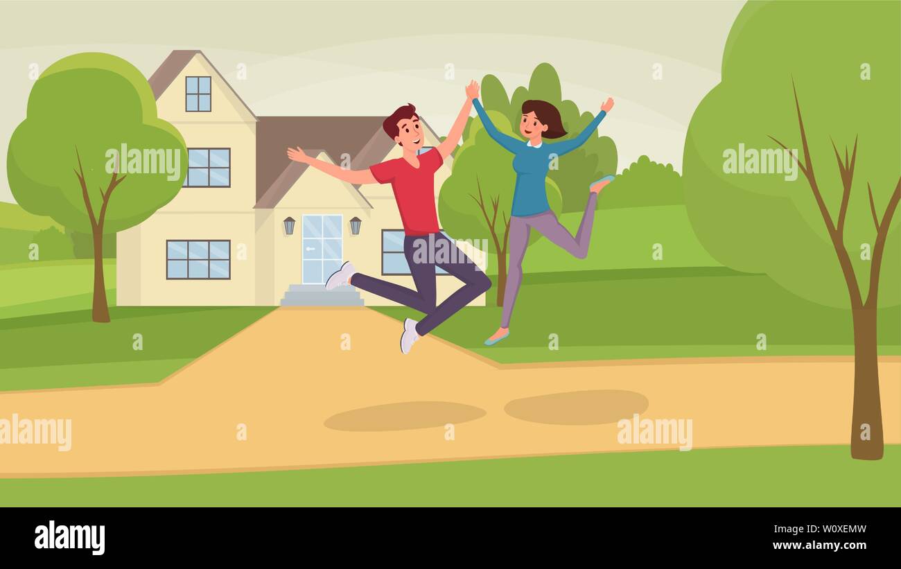 Jumping people flat vector illustration. Excited husband and wife, man and woman, friends cartoon characters having fun. Happy couple leaping near house among trees, real estate Stock Vector