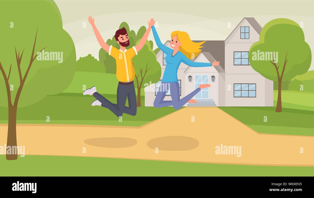 Jumping couple flat vector illustration. Wife and husband cartoon characters celebrating moving into new house. Cheerful man and woman leaping near house among trees, real estate Stock Vector