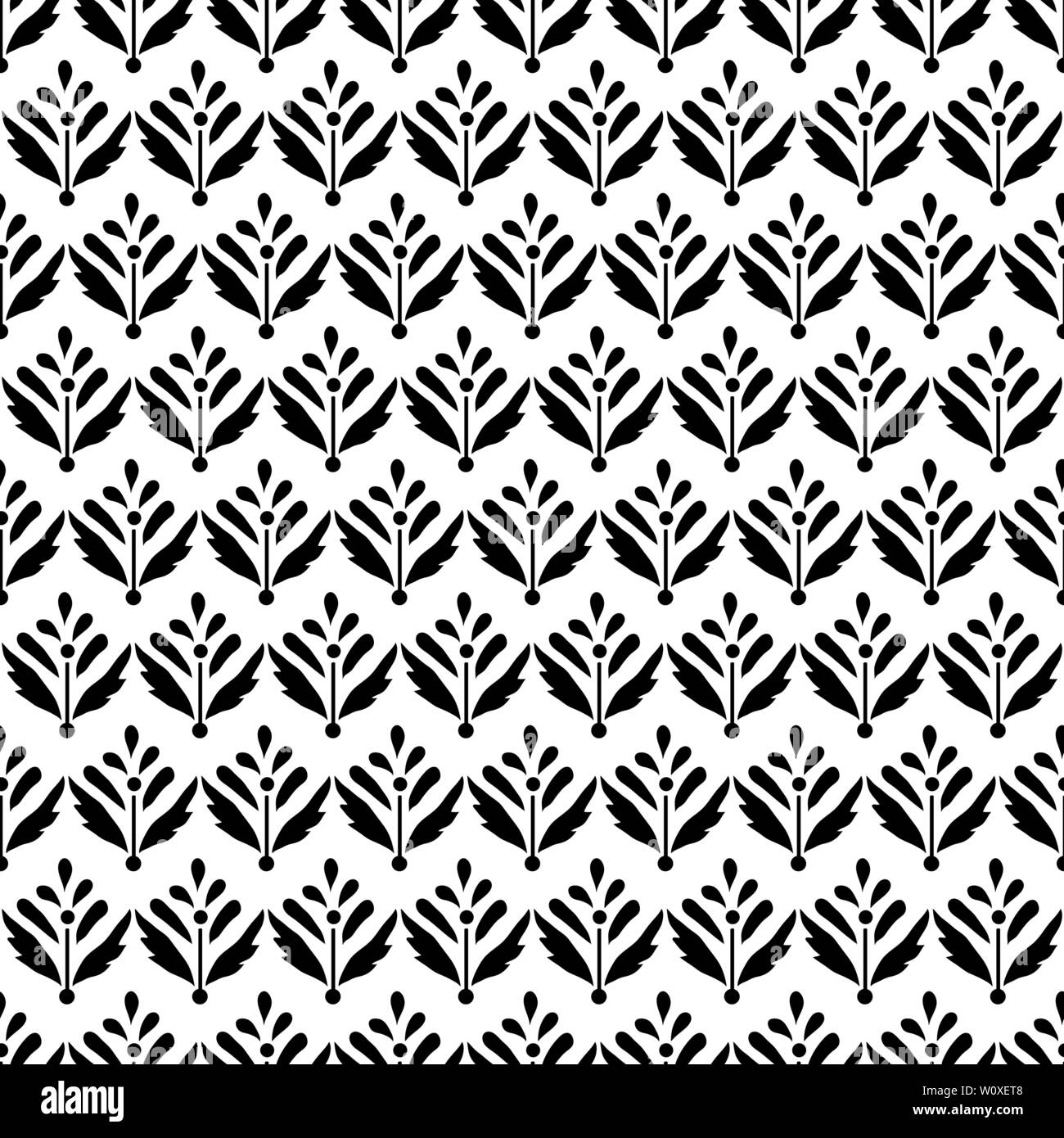 Monochrome all over seamless woodblock printed floral pattern. Traditional oriental Indian ethnic ornament, black on white  background. Textile design Stock Vector