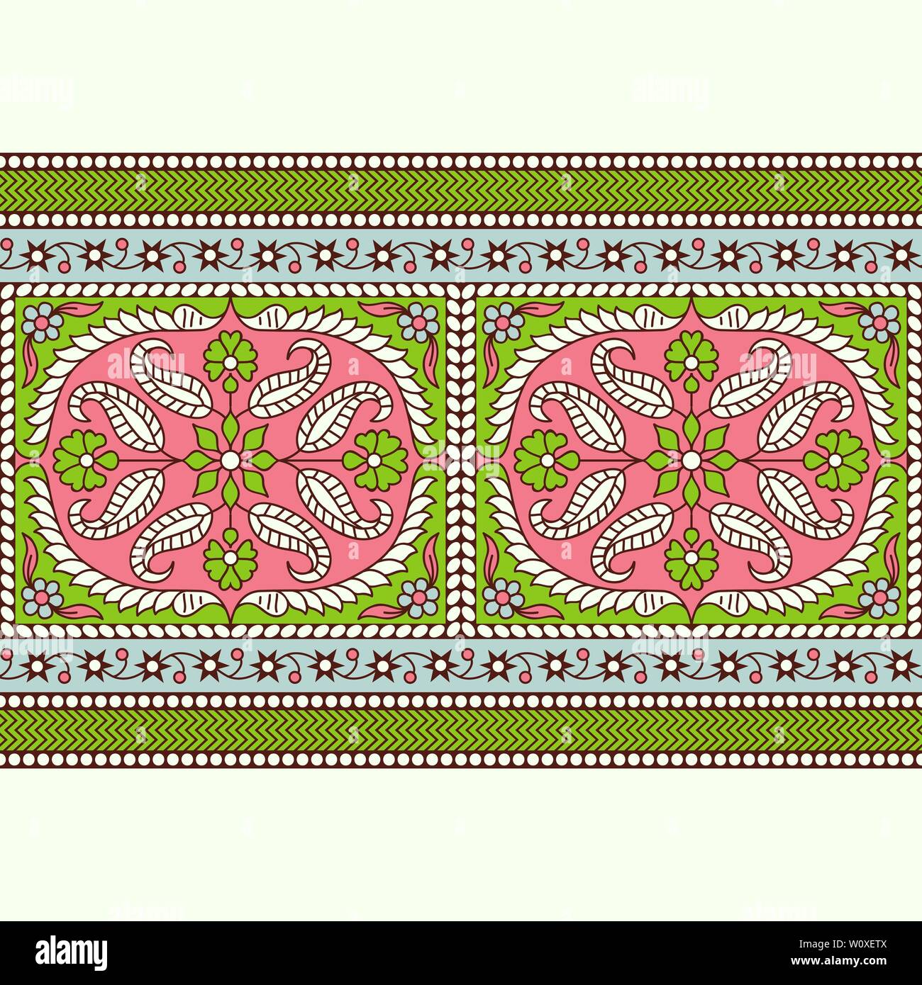 Woodblock printed seamless ethnic floral border. Traditional oriental ornament of India, kaleidoscope motif, green, pink and blue tones on ecru. Stock Vector