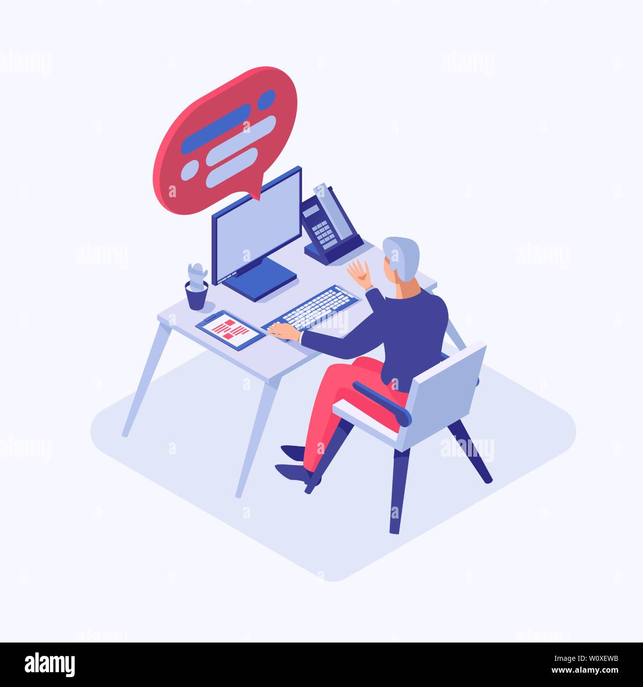 Customer support operator vector isometric illustration. Male consultant, employee, programmer, project manager, office worker working on computer at call center. 3d cartoon character sitting at desk Stock Vector