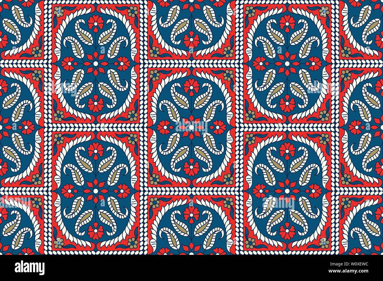 Woodblock printed indigo dye seamless ethnic floral paisley pattern ...