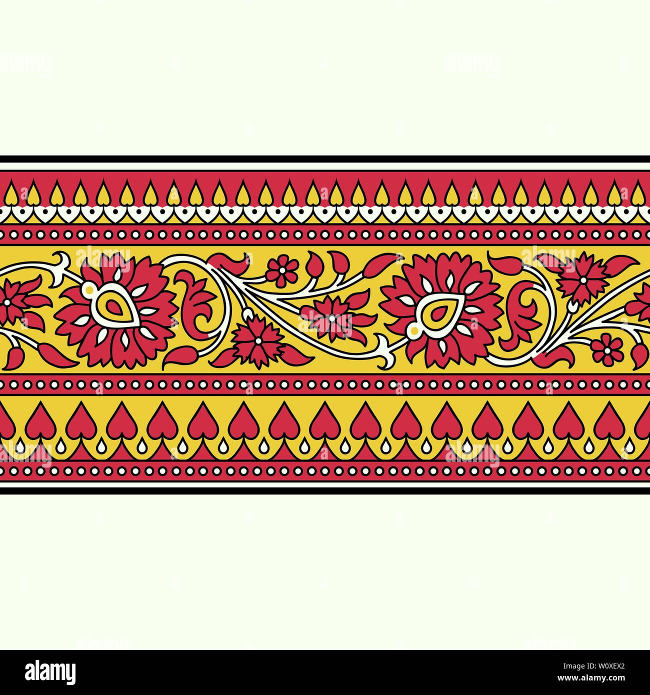 Woodblock printed seamless ethnic floral border. Traditional oriental