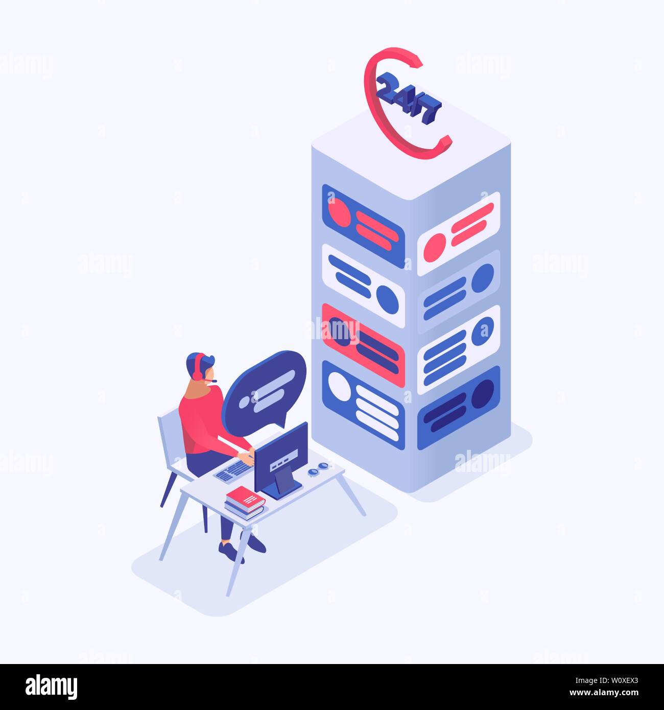 helpline vector isometric illustration. Call center manager, hotline operator 3d cartoon characters. Around the clock online tech support, office worker with headphones sitting at desk Stock Vector