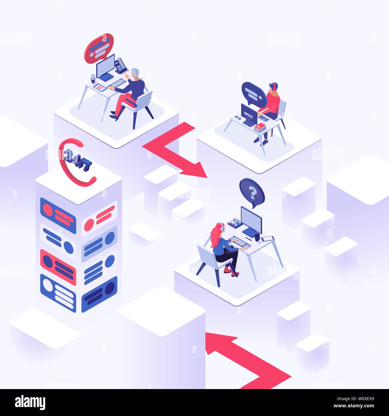 Online support vector isometric illustration. Helpline operators with headset, consultant managers 3d cartoon characters. Online global tech support, office workers with headphones at workplace Stock Vector