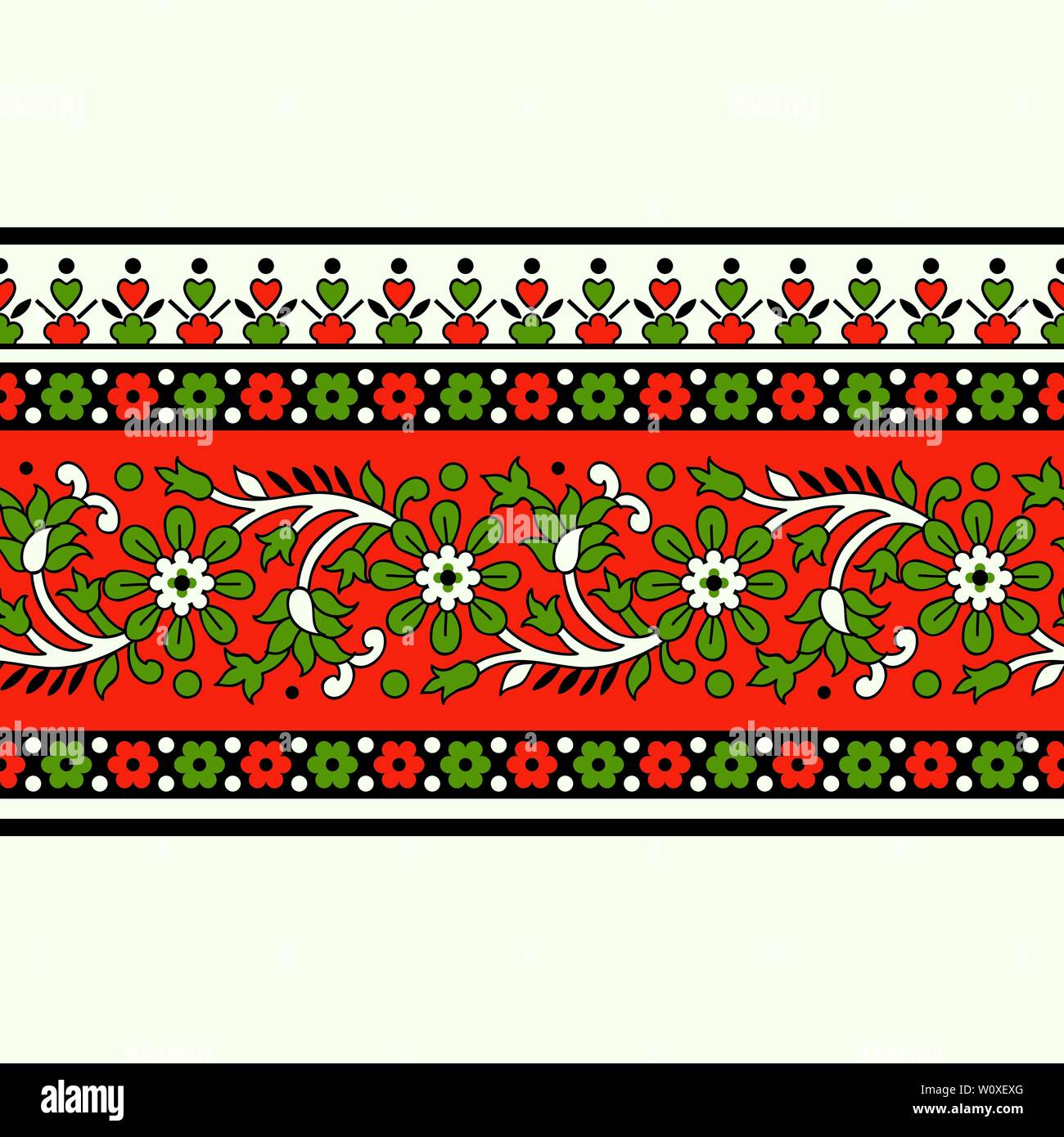 Woodblock printed seamless ethnic floral border. Traditional oriental ornament of India, meander motif with flowers, red and green  on ecru background Stock Vector