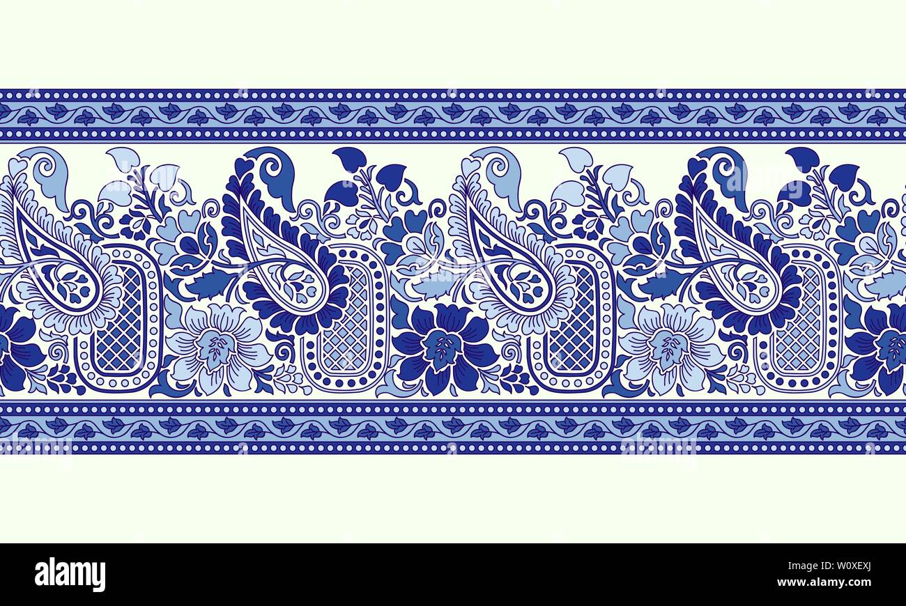 Woodblock printed indigo dye seamless ethnic floral border. Traditional oriental ornament of India, paisley and flowers motif, blue on ecru background Stock Vector