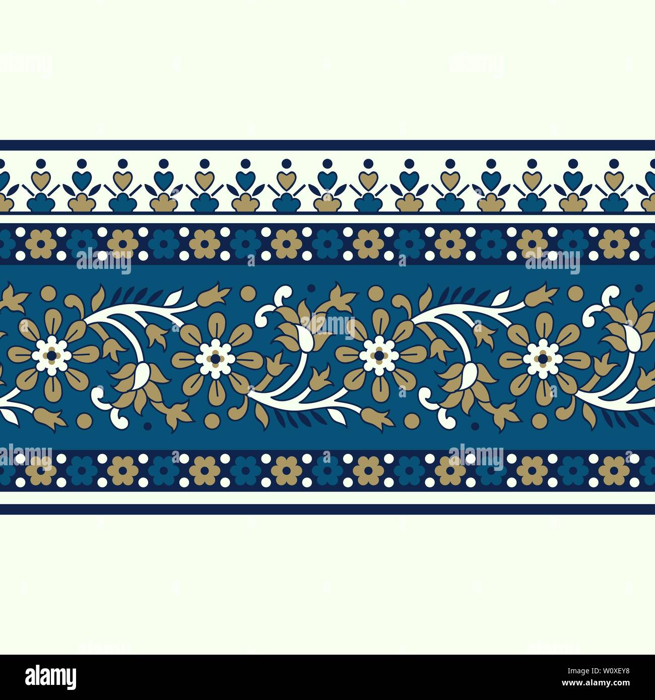 Woodblock printed indigo dye seamless ethnic floral border. Traditional oriental ornament of India, meander motif with flowers, gold and blue on ecru. Stock Vector