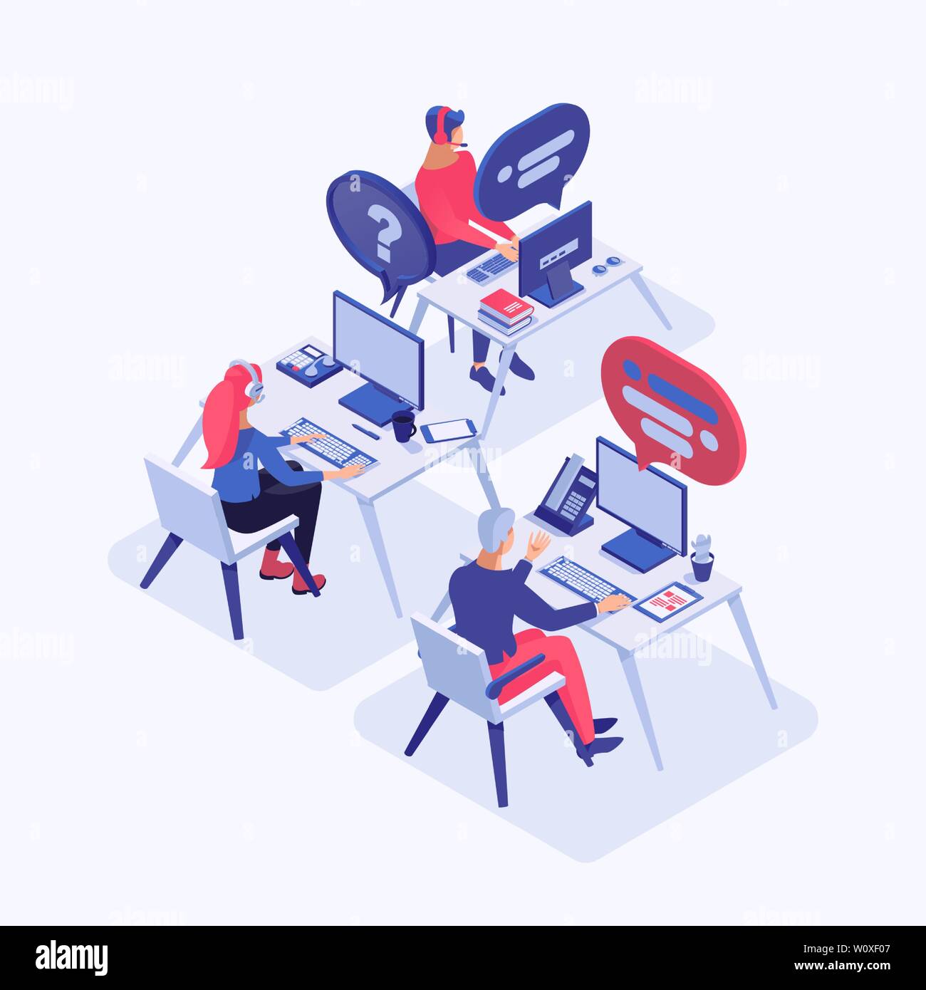 Call center vector isometric illustration. Customer service operators with headset consulting clients, managers 3d cartoon characters. All-day tech support, office workers at workplace Stock Vector