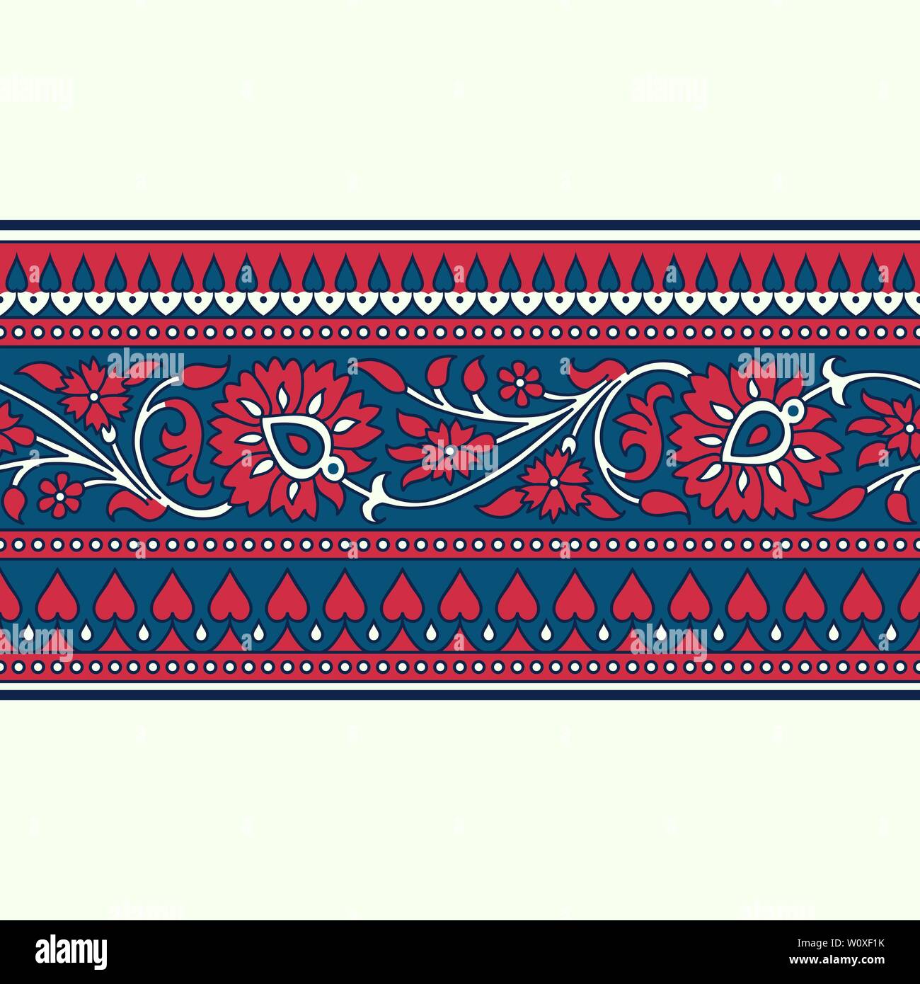 Woodblock printed indigo dye seamless ethnic floral border. Traditional oriental ornament of India, meander motif with flowers, red and blue on ecru. Stock Vector