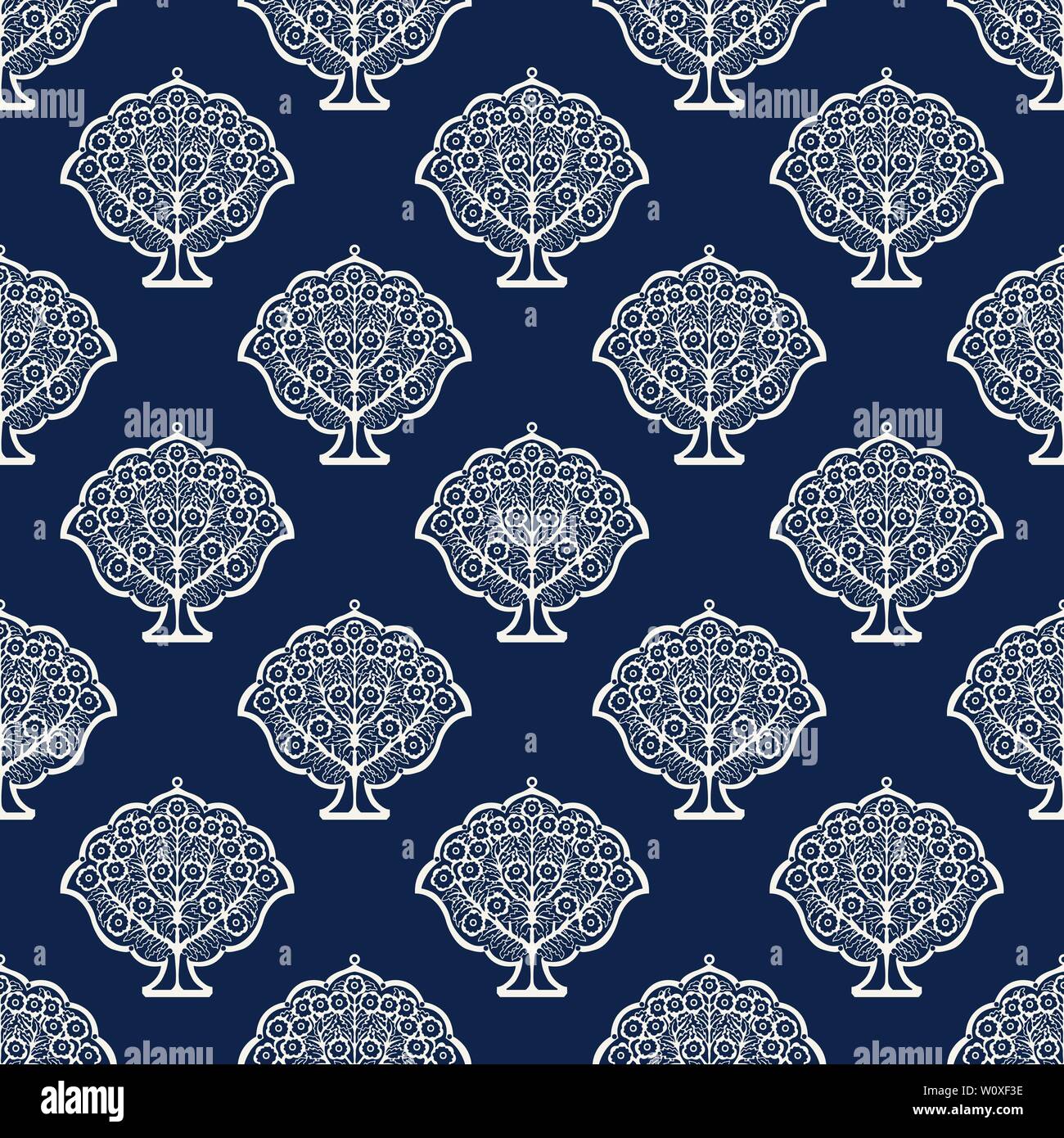 Indigo dye woodblock printed seamless ethnic floral all over pattern. Traditional oriental ornament of India, blossoming trees, ecru on navy blue Stock Vector