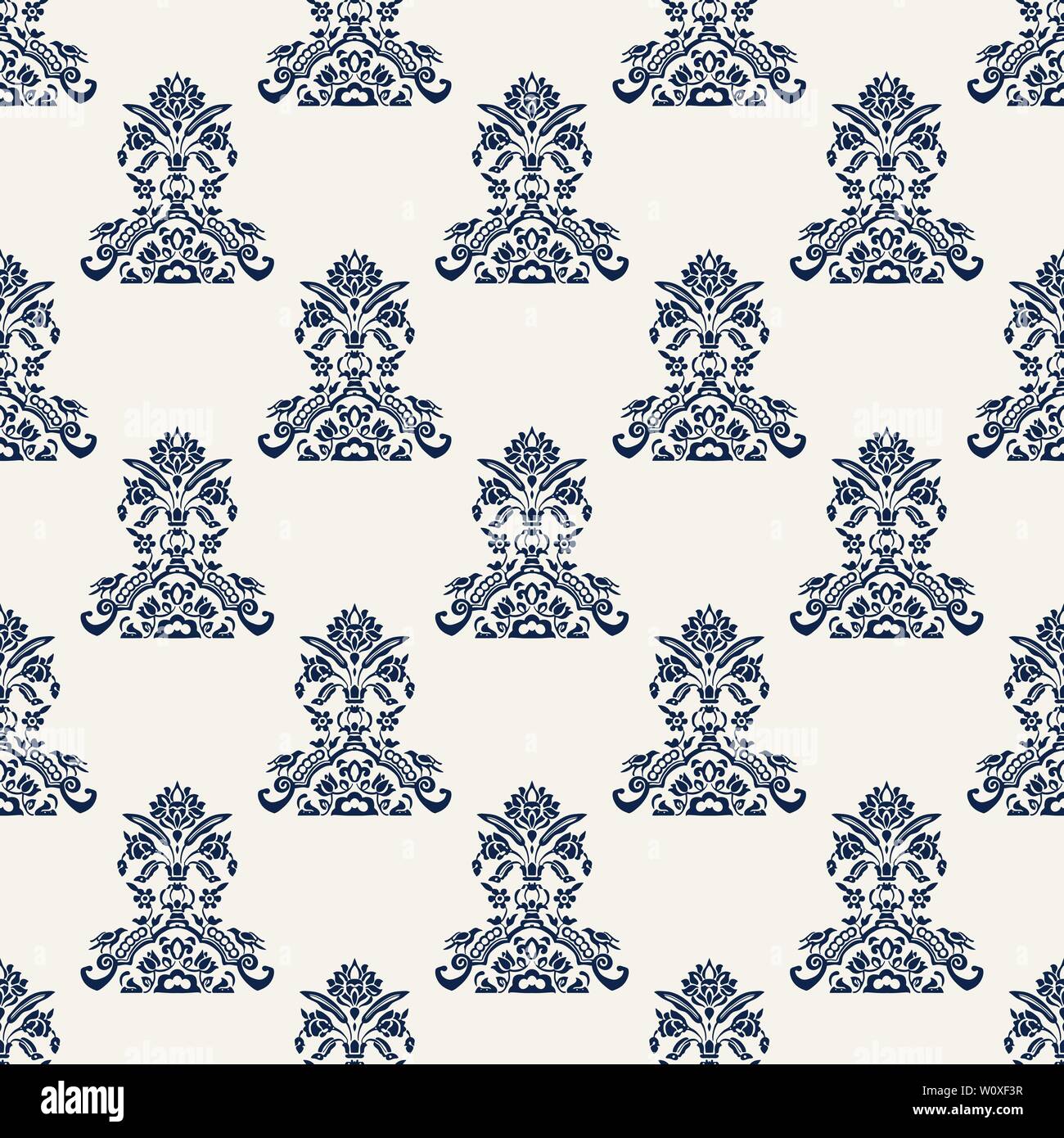 Indigo dye woodblock printed seamless ethnic floral all over pattern. Traditional oriental motif of India with flowers and birds, ecru on navy blue ba Stock Vector