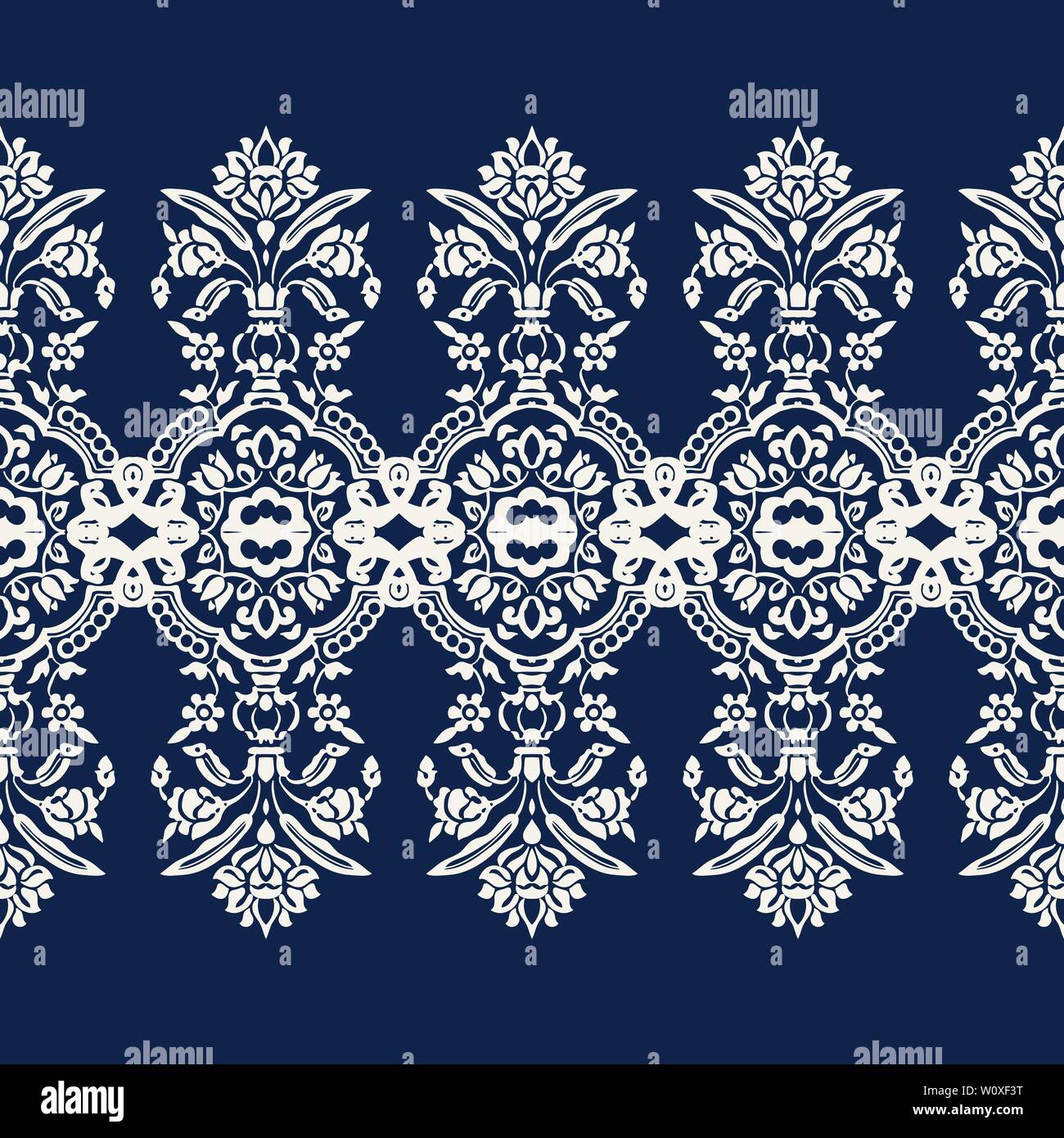 Woodblock printed indigo dye seamless ethnic floral caleidoscope geometric border. Traditional oriental ornament of India Kashmir, ecru on navy blue Stock Vector
