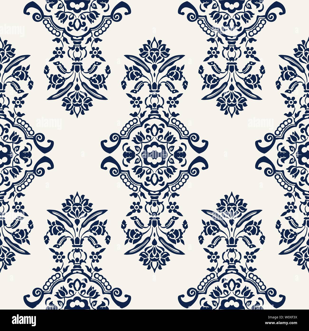 Indigo dye woodblock printed seamless ethnic floral all over pattern. Traditional oriental ornament of India with exotic flowers of Kashmir, navy blue Stock Vector