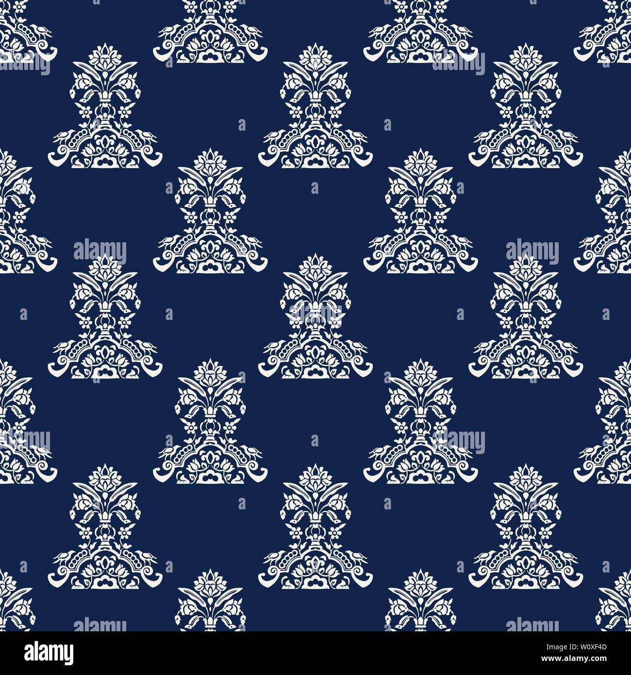 Indigo dye woodblock printed seamless ethnic floral all over pattern. Traditional oriental motif of India with flowers and birds, ecru on navy blue ba Stock Vector