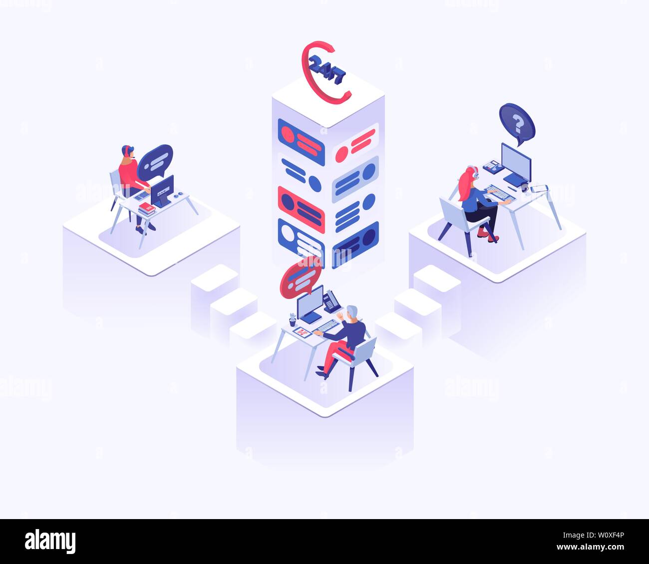 Call center office vector isometric illustration. Male and female consultant managers advising clients 3d cartoon characters. Tech support, office workers with headset sitting at desk Stock Vector