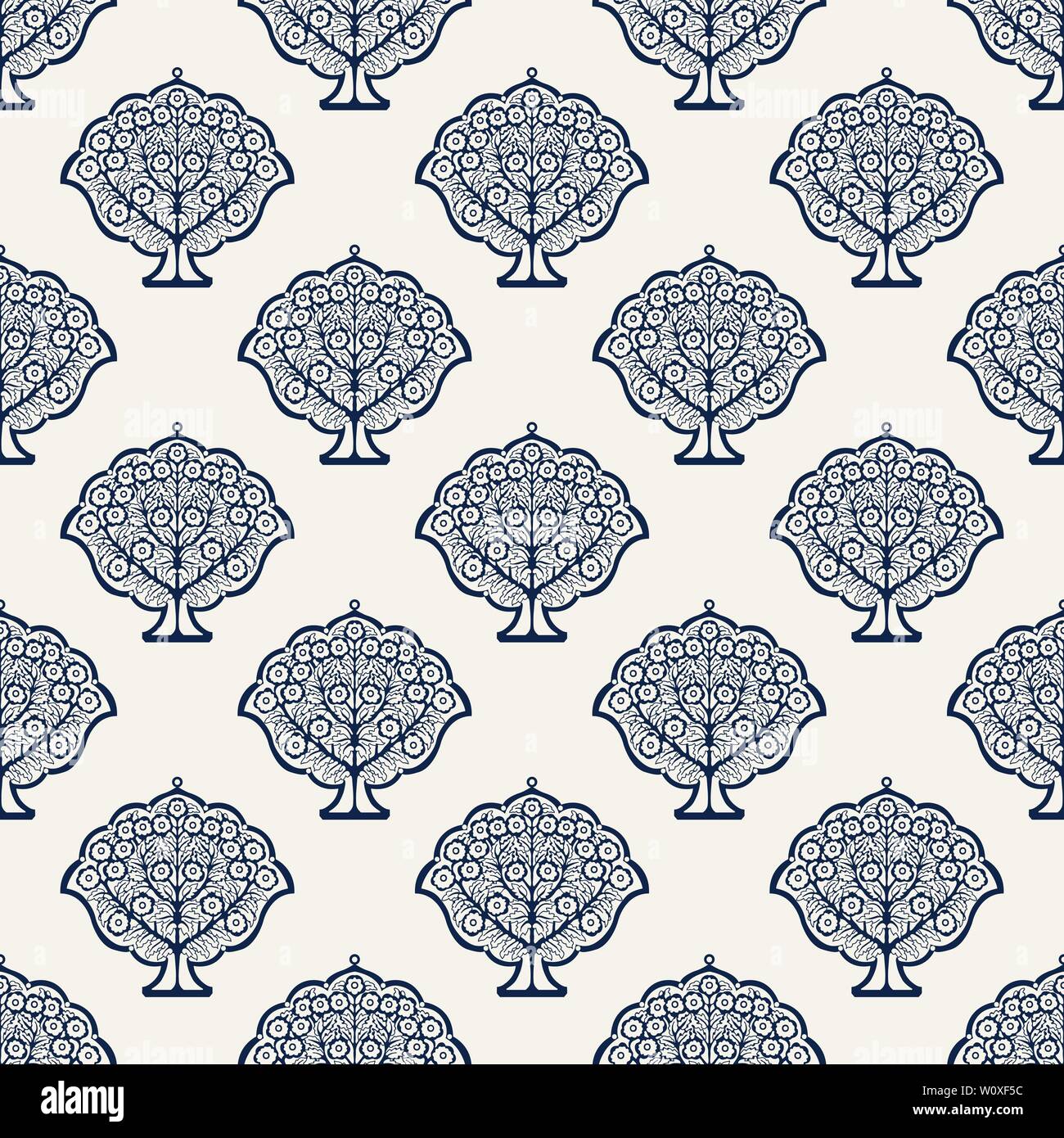 Indigo dye woodblock printed seamless ethnic floral all over pattern. Traditional oriental ornament of India, blossoming trees, navy blue on ecru Stock Vector