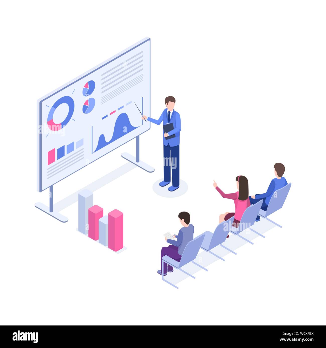 Business presentation vector isometric illustration. Market analyst, boss, office workers 3d cartoon characters. Corporate training, sales pitch, employer explaining charts and diagrams on board Stock Vector