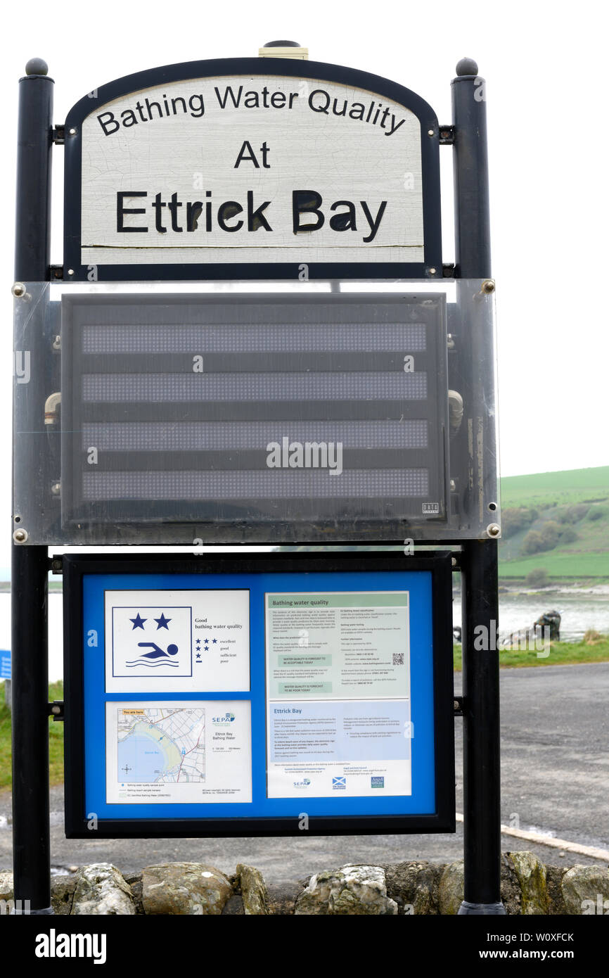 Information Board at Ettrick Bay, Isle of Bute, Scotland, UK giving information about the Bathing Water Quality. Stock Photo