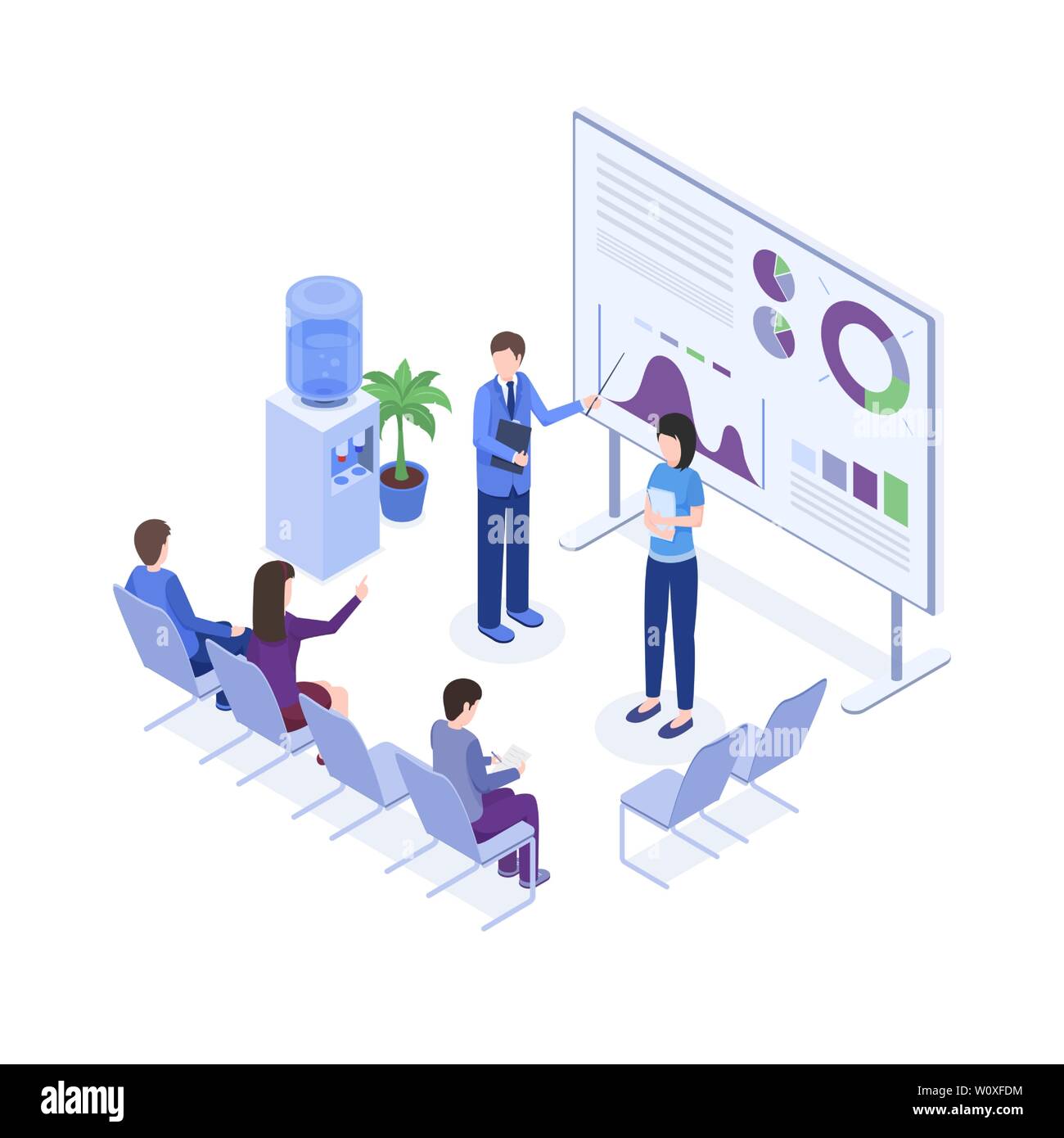 Project presentation vector isometric illustration. Speaker at business convention, workers 3d cartoon characters. Corporate trainings, seminar, business school, employer explaining diagrams on board Stock Vector