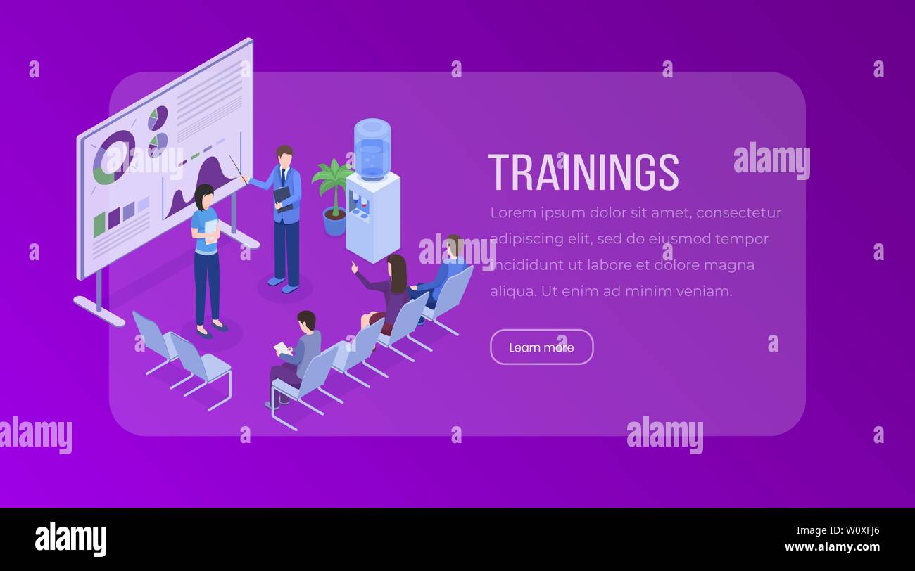 Trainings isometric landing page. Business presentation, meeting, seminar, staff training, market research, statistics, financial analysis website vector layout. Company briefing 3d illustration Stock Vector