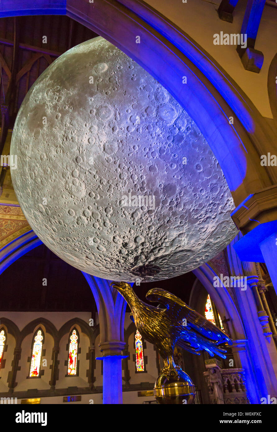 Bournemouth, Dorset UK. 28th June 2019. Dorset Moon, a celebration of the first moon landing 50 years ago featuring Luke Jerram’s internationally acclaimed Museum of the Moon measuring 7 meters in diameter in St Peters Church. A full programme of free lunar-inspired events create an experience that is out of this world over the three days starting today. Credit: Carolyn Jenkins/Alamy Live News Stock Photo