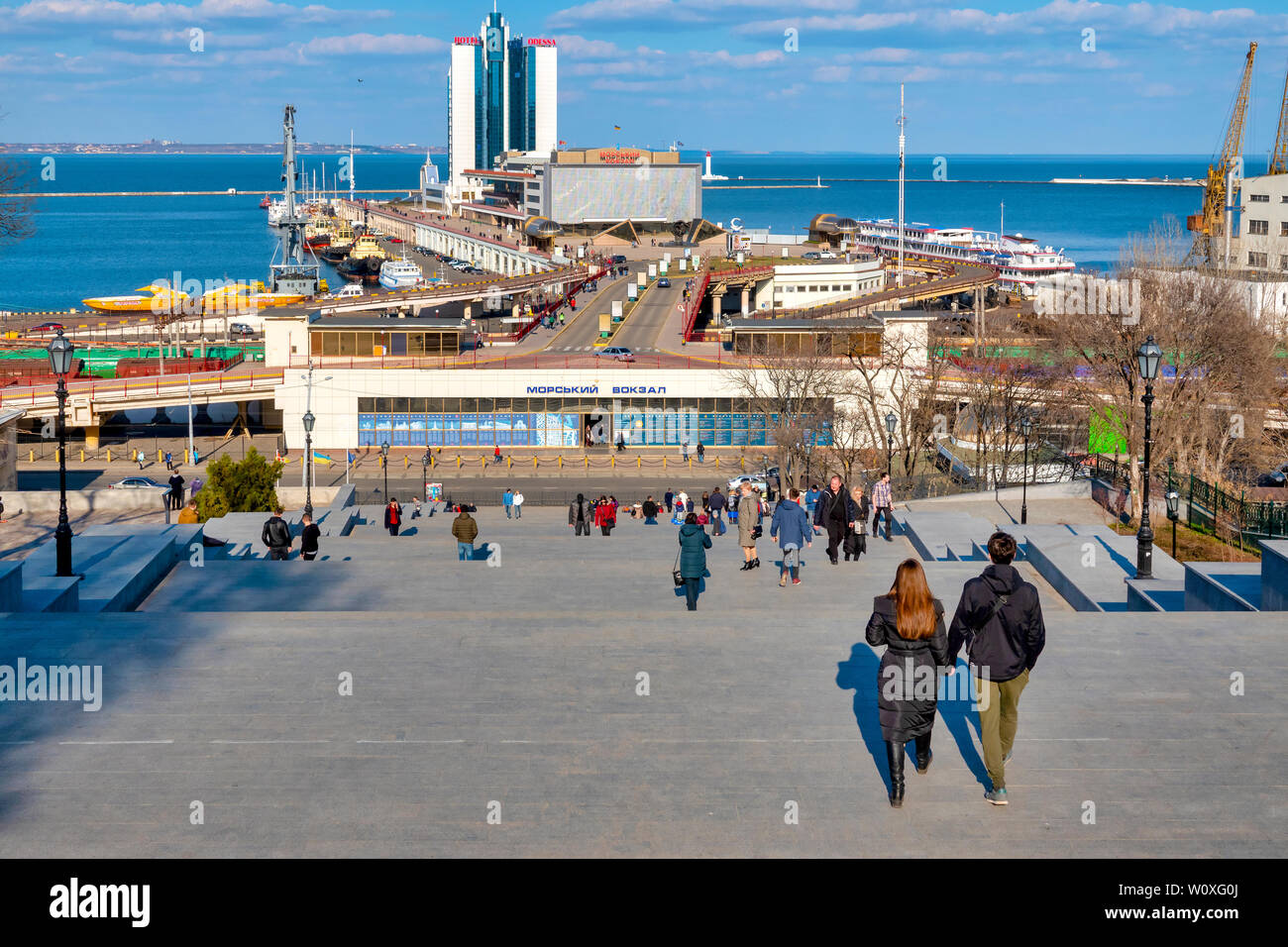 Potemkin Stairs and the Odessa sea port ,Odessa, Ukraine Stock Photo