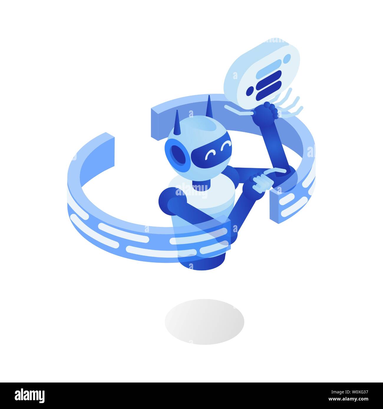 Internet bot flat vector illustration. Futuristic robot program, virtual assistant, chatbot, 3d cartoon character. Artificial intelligence, AI, software app, data analyze, cybernetics Stock Vector
