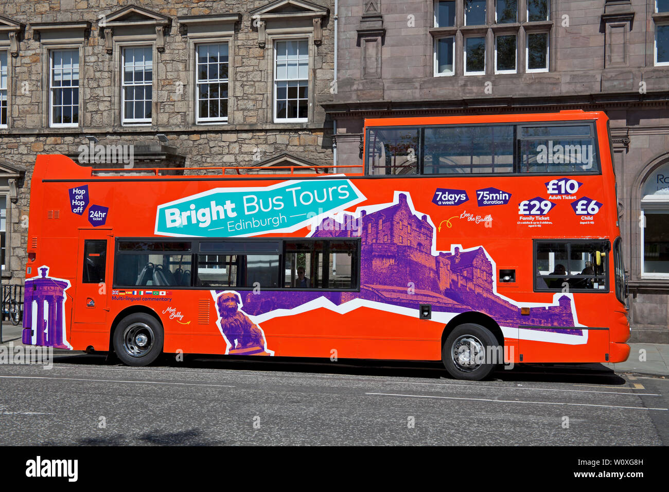 Edinburgh, Scotland. 28th June 2019. Latest bus wars between First Buses and Lothian Buses. First Buses Bright Bus Tours has unveiled its fleet of 14 open-topped double-deckers they are being seen around the city ahead of the launch of the new service on Monday 1st July 2019. The new service undercuts their rivals adults ticket by £4. Stock Photo
