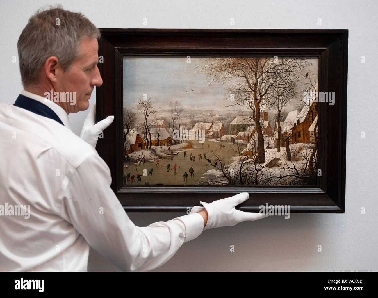 Sotheby’s, London, UK. 28th June 2019. Major works by Botticelli, Brueghel, Rubens and landscapes by Gainsborough, Turner and Constable in one of the most valuable Old Masters sales ever staged, to take place on 3 July 2019. Image: Pieter Brueghel the Younger, Winter Landscape with a bird trap. Estimate £1.5-2 million. Credit: Malcolm Park/Alamy Live News. Stock Photo