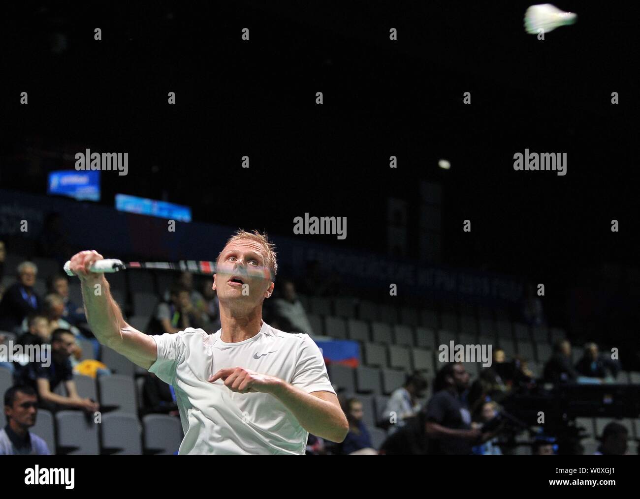 Minsk, Belarus. 28th June, 2019. Raul Must (EST) taking part in the Badminton tournament at the 2nd European games. Credit Garry Bowden/SIP photo agency/Alamy live news. Stock Photo
