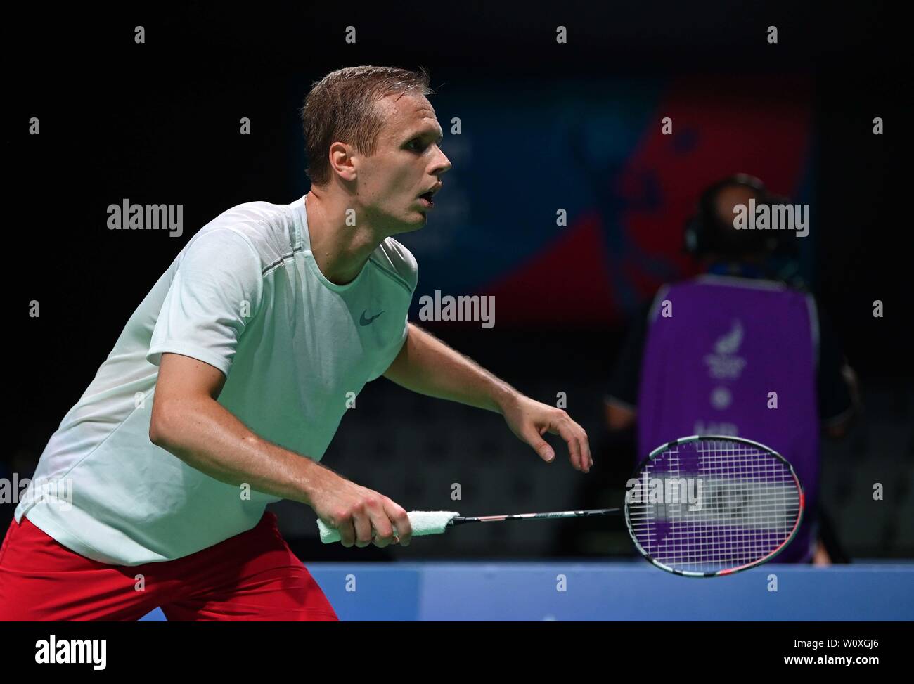 Minsk, Belarus. 28th June, 2019. Raul Must (EST) taking part in the Badminton tournament at the 2nd European games. Credit Garry Bowden/SIP photo agency/Alamy live news. Stock Photo